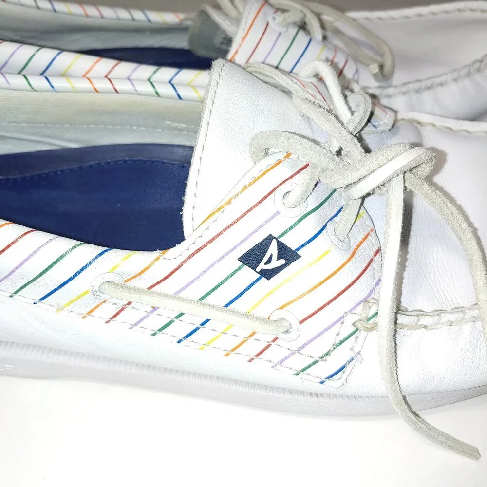 - Sperry Top Side Authentic Original Pride Boat Shoes White Leather Size 13